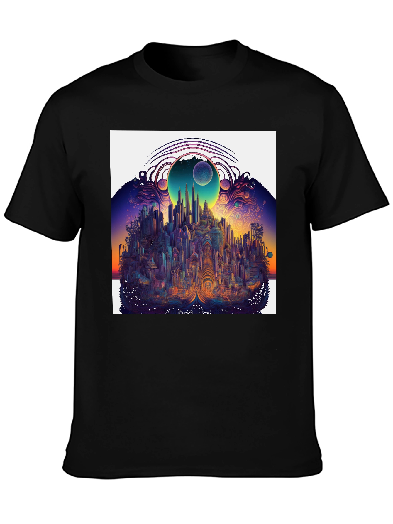 Surreal Cityscape Graphic Tee - Unique Black T-Shirt