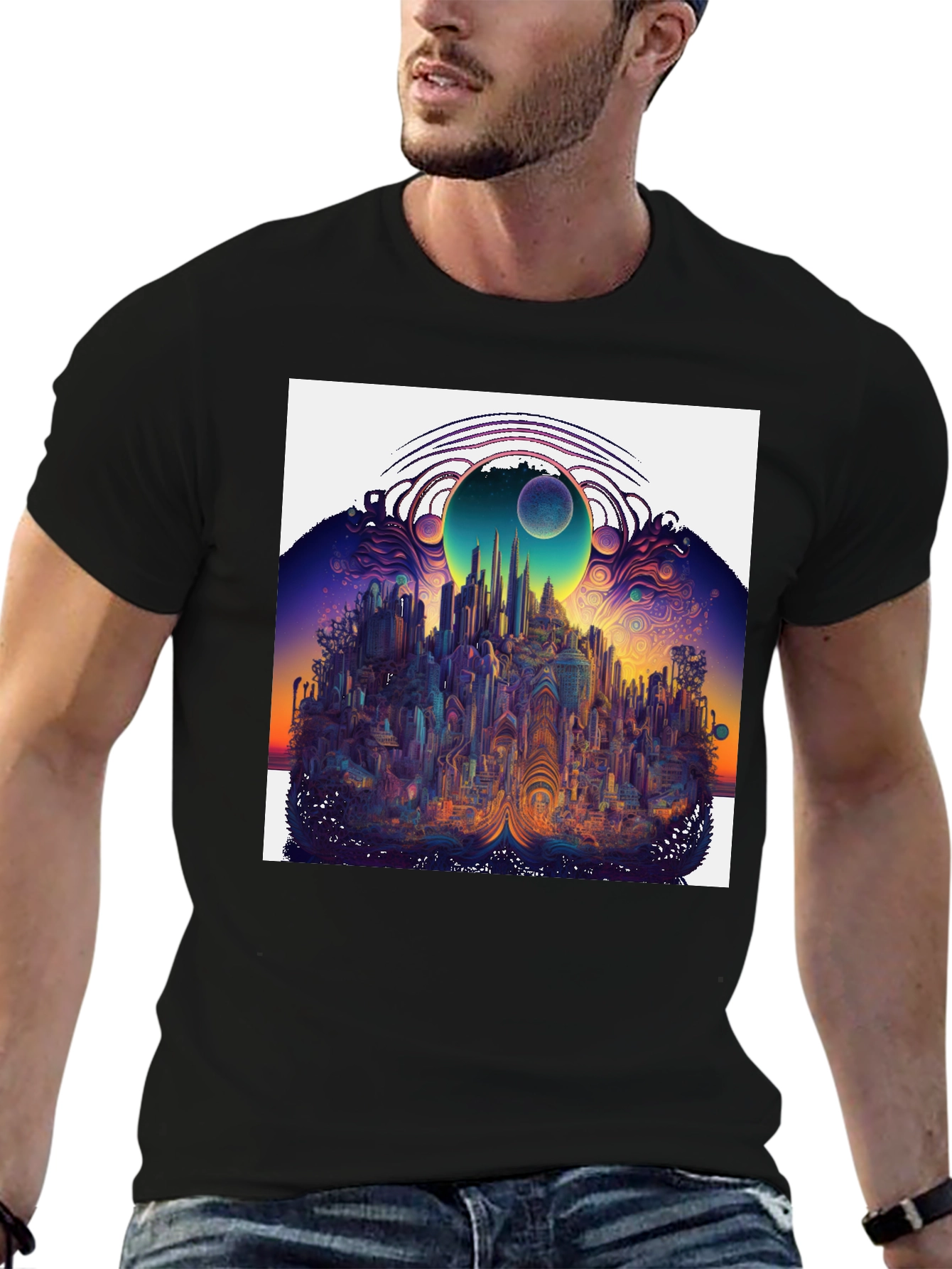 Surreal Cityscape Graphic Tee - Unique Black T-Shirt