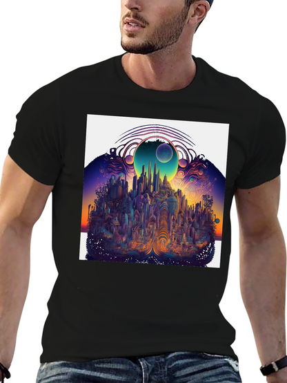 Surreal Cityscape Graphic Tee - Unique Black T-Shirt