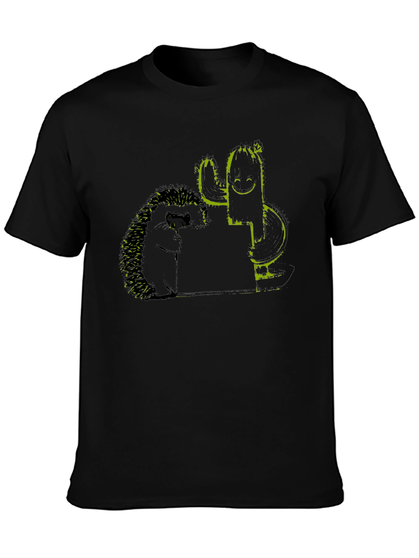 Hedgehog and Cactus Graphic Black T-Shirt