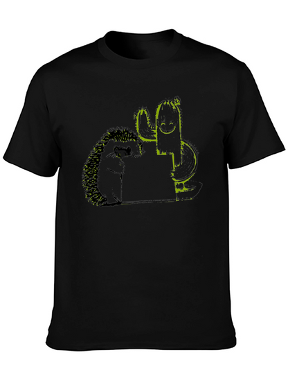 Hedgehog and Cactus Graphic Black T-Shirt