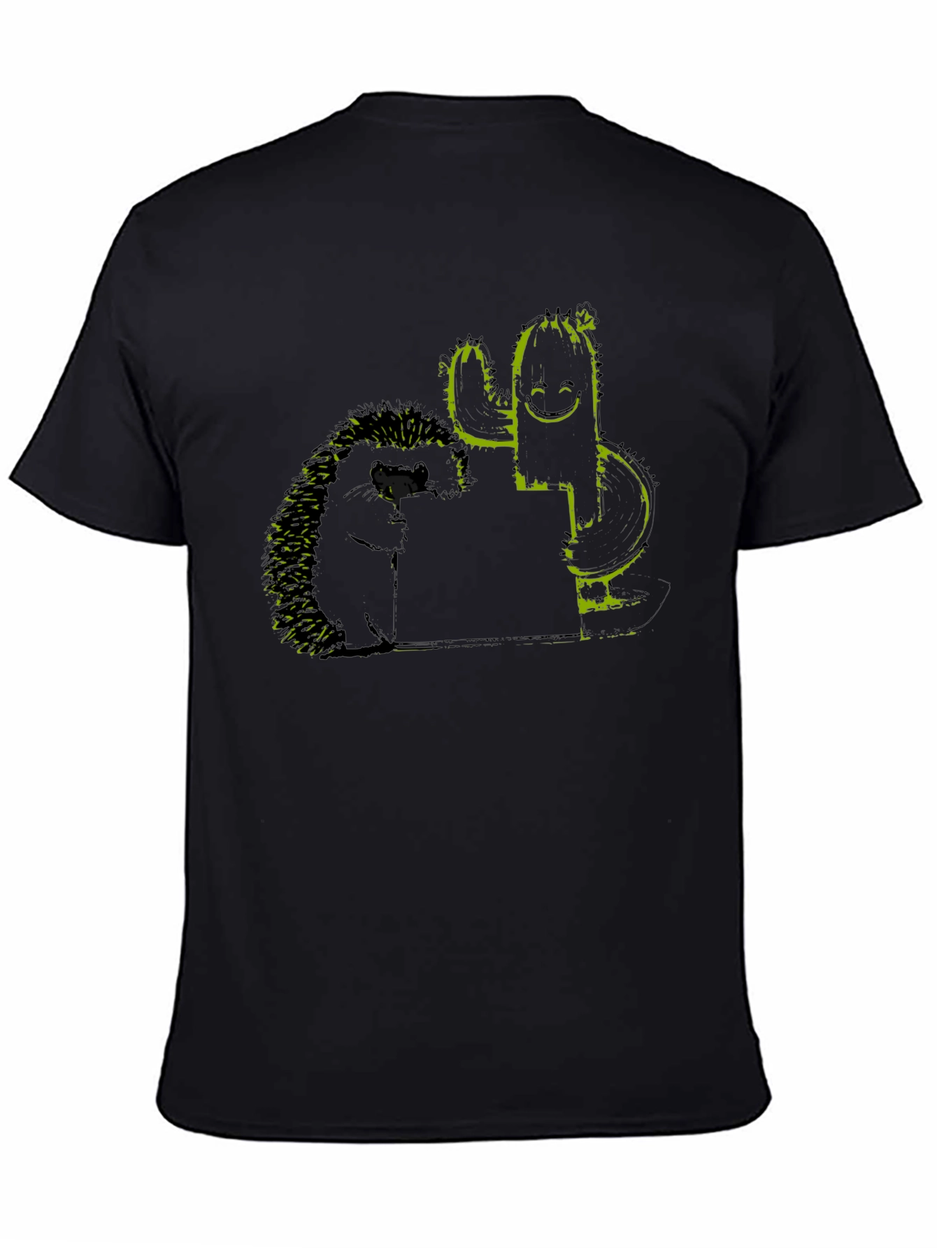 Hedgehog and Cactus Graphic Black T-Shirt