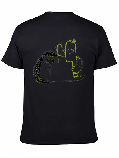 Hedgehog and Cactus Graphic Black T-Shirt