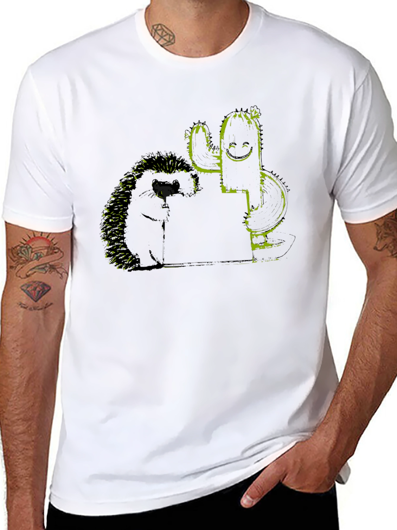 Hedgehog and Cactus Graphic Black T-Shirt