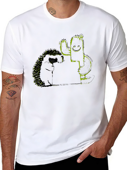 Hedgehog and Cactus Graphic Black T-Shirt