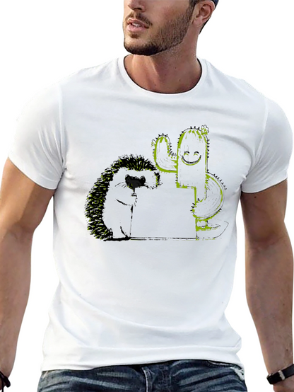 Hedgehog and Cactus Graphic Black T-Shirt