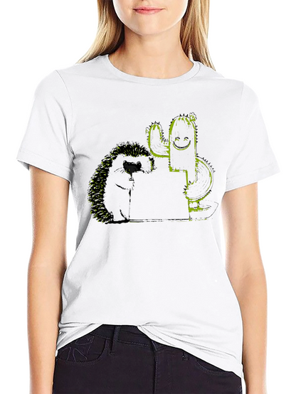 Hedgehog and Cactus Graphic Black T-Shirt