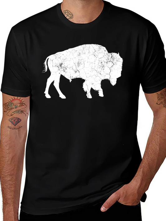Distressed Buffalo Graphic Tee - Black Cotton T-Shirt