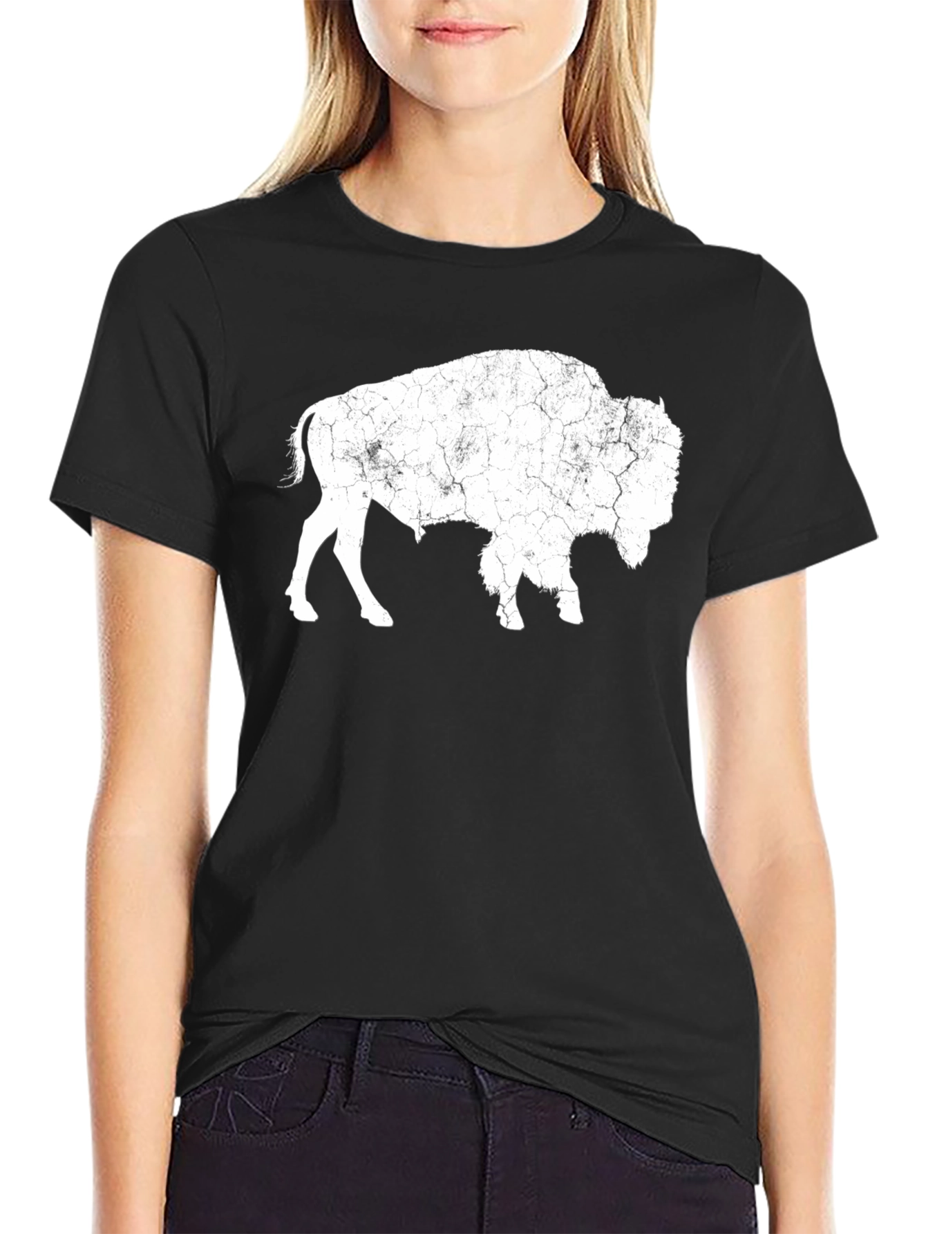 Distressed Buffalo Graphic Tee - Black Cotton T-Shirt