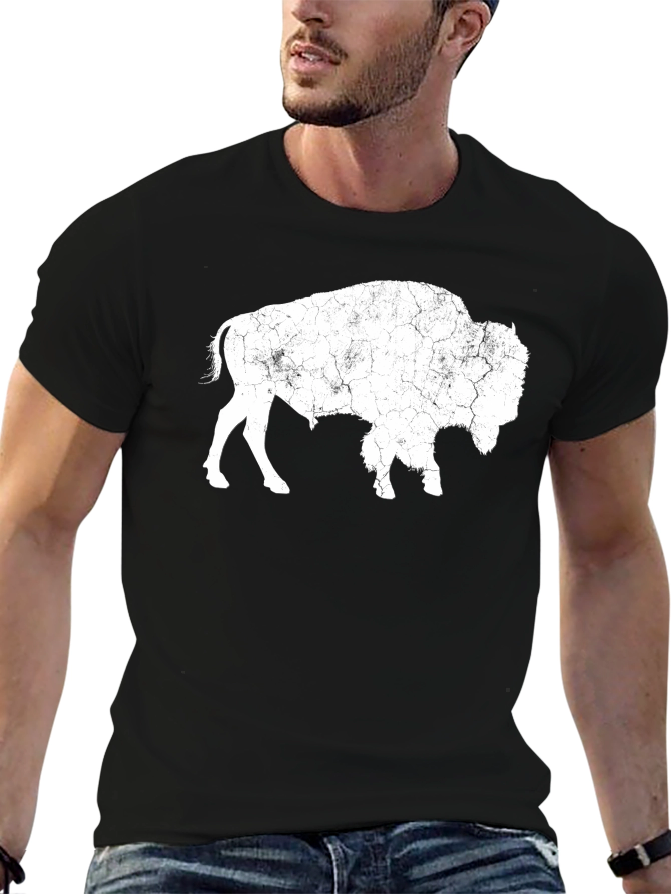 Distressed Buffalo Graphic Tee - Black Cotton T-Shirt
