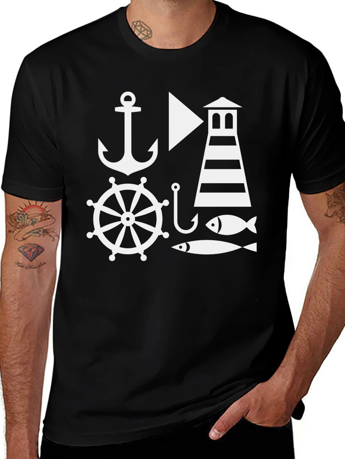 Nautical Theme Mens Black T-Shirt: Anchor Lighthouse Fish
