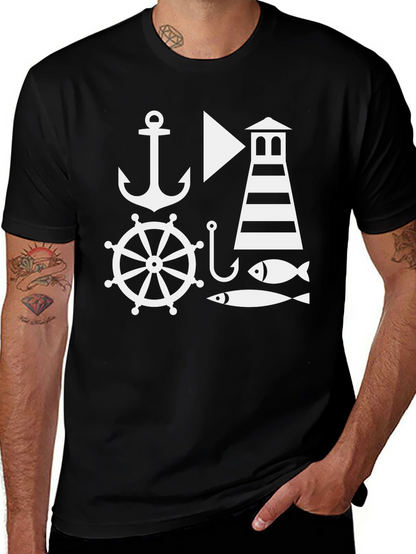 Nautical Theme Mens Black T-Shirt: Anchor Lighthouse Fish