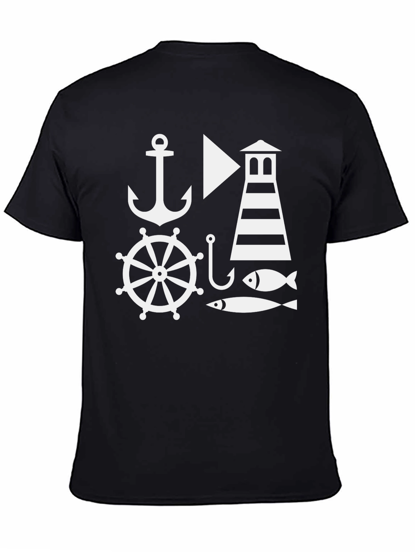 Nautical Theme Mens Black T-Shirt: Anchor Lighthouse Fish