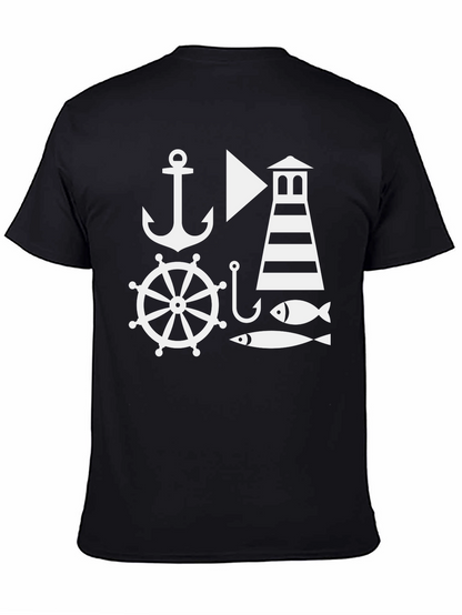Nautical Theme Mens Black T-Shirt: Anchor Lighthouse Fish
