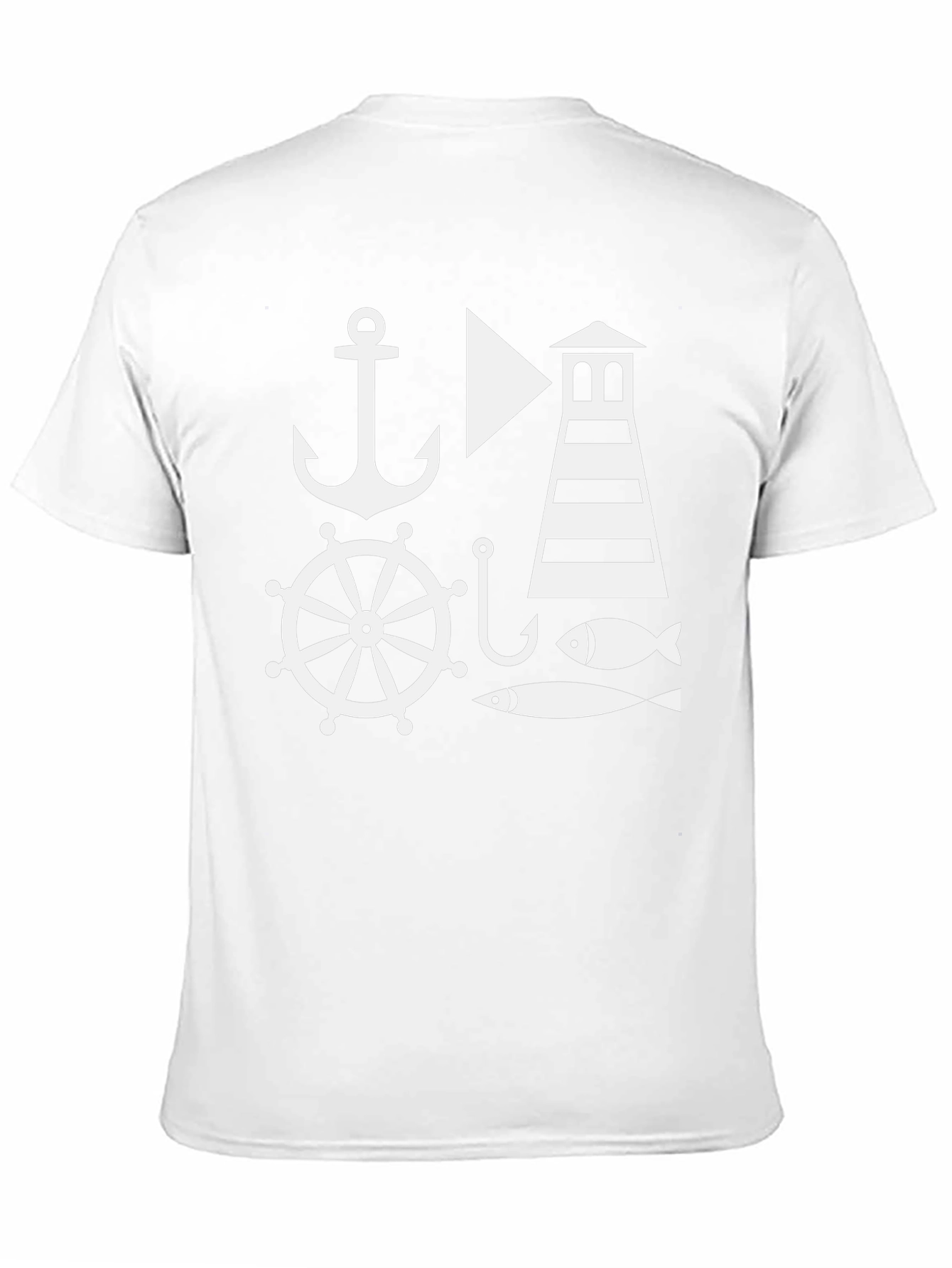 Nautical Theme Mens Black T-Shirt: Anchor Lighthouse Fish