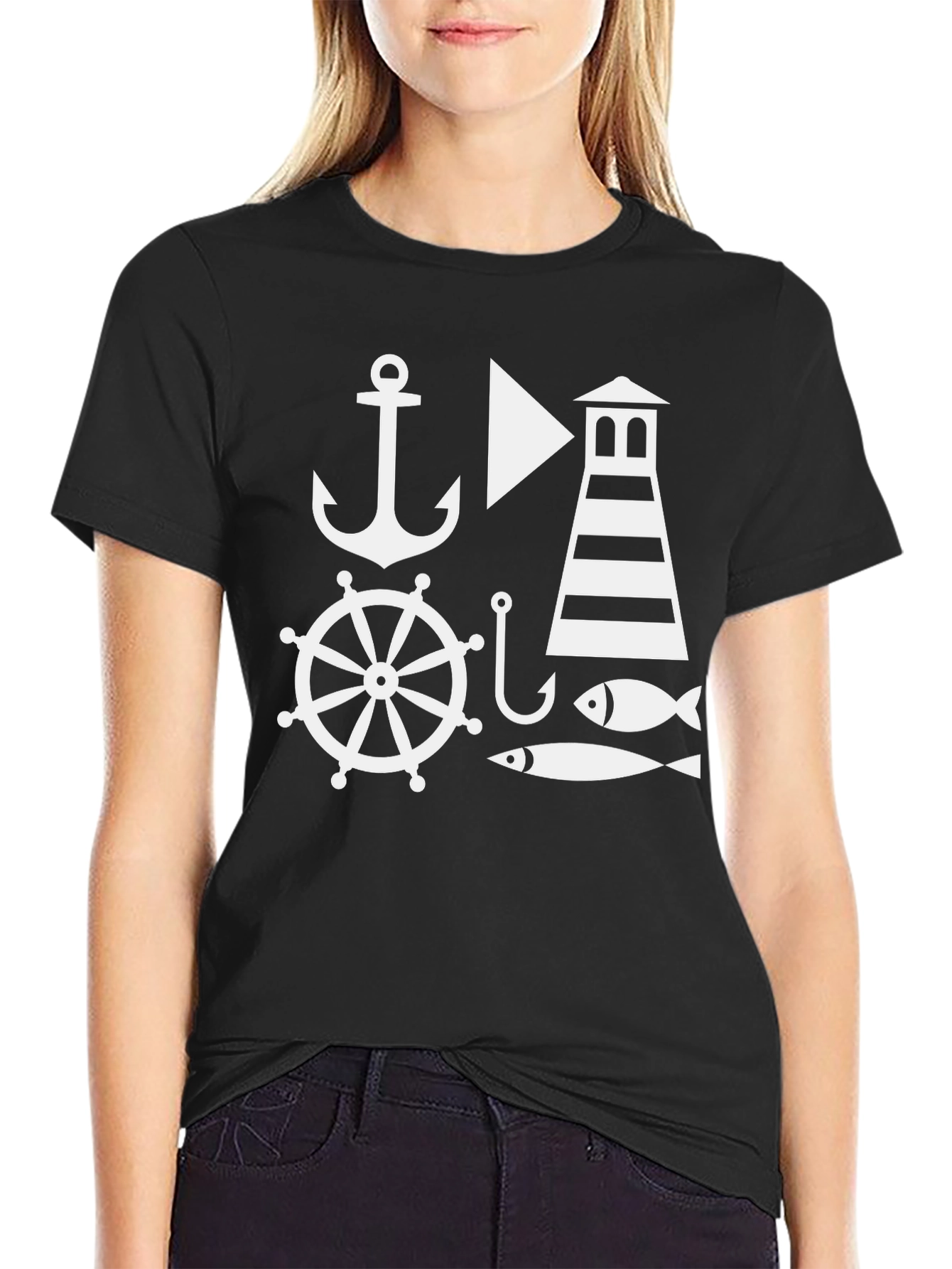 Nautical Theme Mens Black T-Shirt: Anchor Lighthouse Fish
