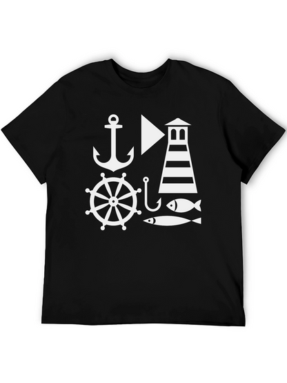 Nautical Theme Mens Black T-Shirt: Anchor Lighthouse Fish