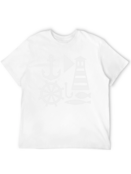 Nautical Theme Mens Black T-Shirt: Anchor Lighthouse Fish