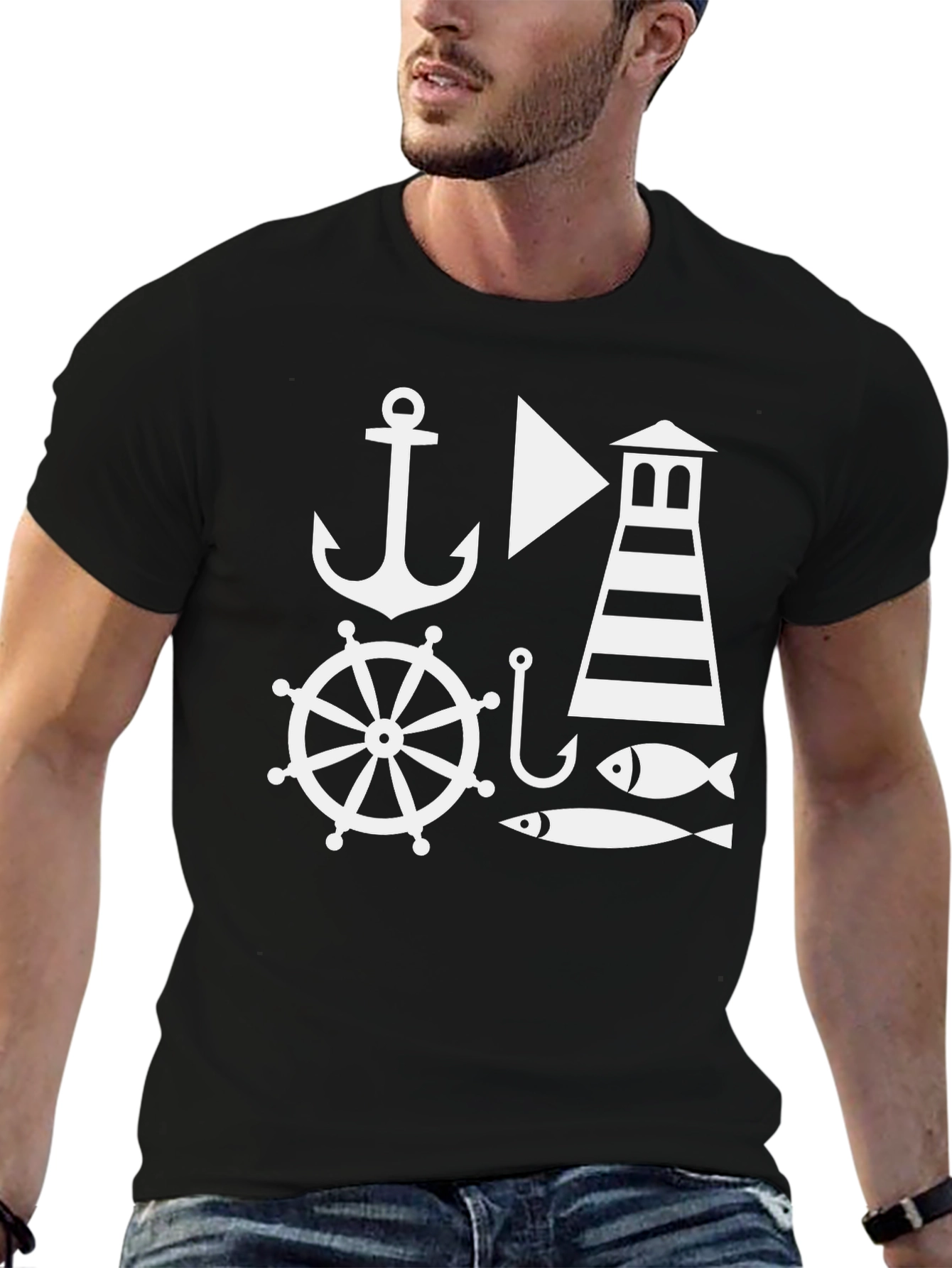 Nautical Theme Mens Black T-Shirt: Anchor Lighthouse Fish
