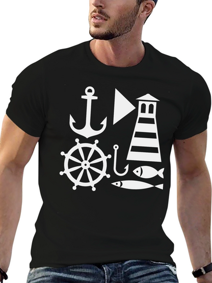 Nautical Theme Mens Black T-Shirt: Anchor Lighthouse Fish