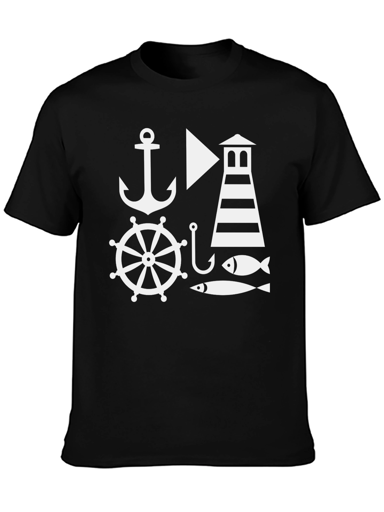 Nautical Theme Mens Black T-Shirt: Anchor Lighthouse Fish