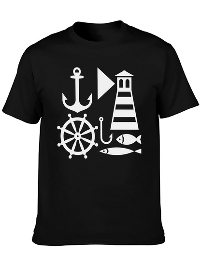 Nautical Theme Mens Black T-Shirt: Anchor Lighthouse Fish