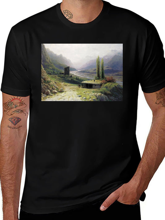 Artistic Landscape Print Black T-Shirt
