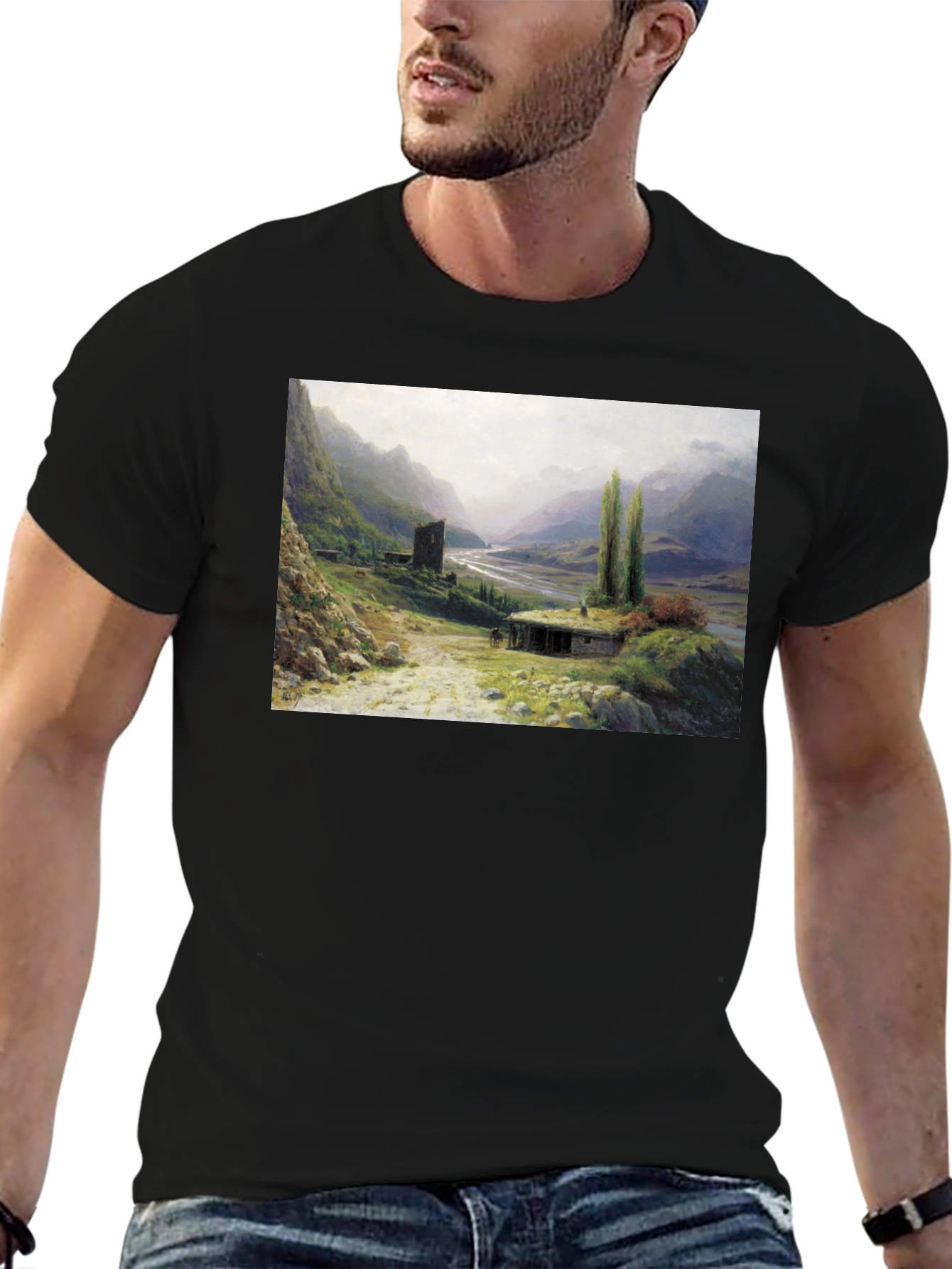 Artistic Landscape Print Black T-Shirt