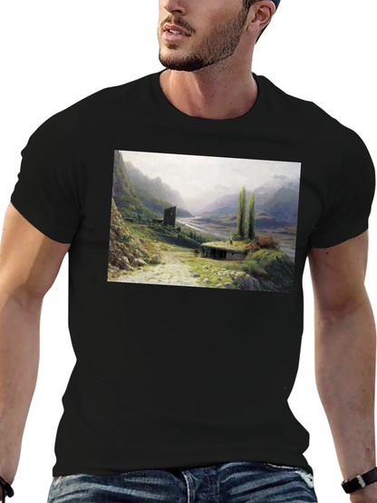 Artistic Landscape Print Black T-Shirt