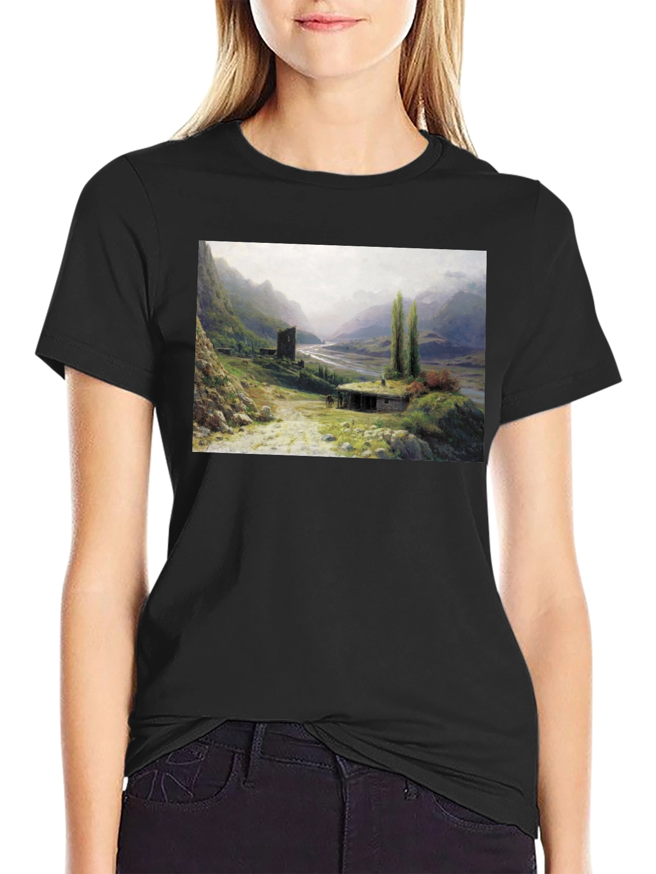 Artistic Landscape Print Black T-Shirt
