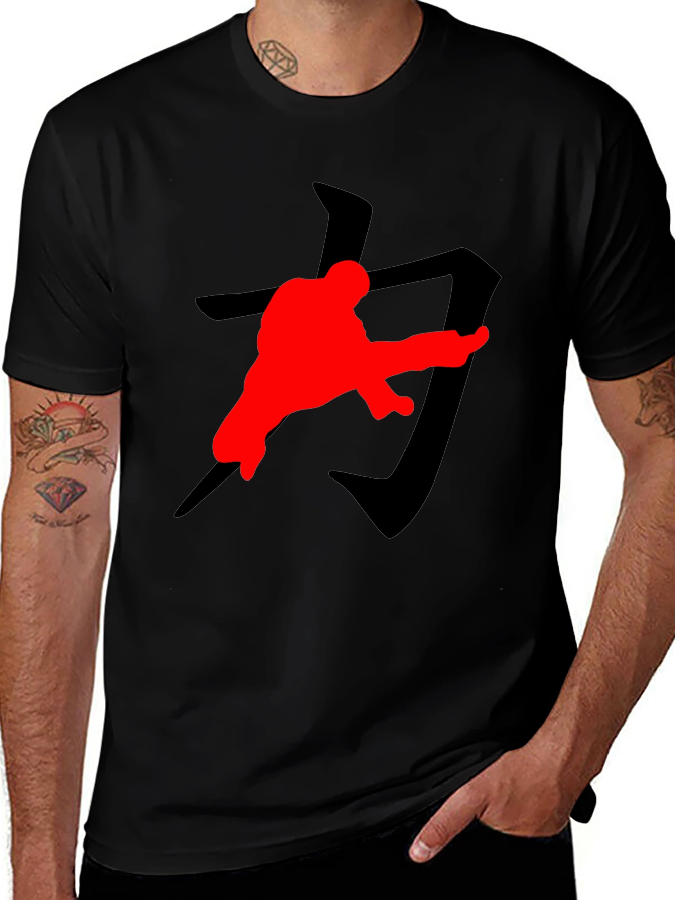 Karate Kick T-Shirt: Black with Red Graphic Print