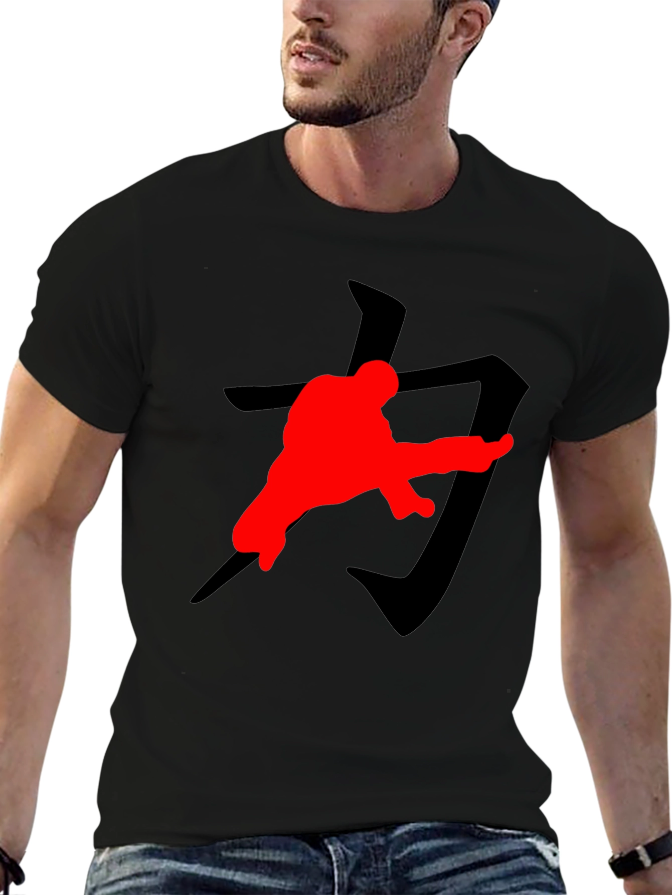 Karate Kick T-Shirt: Black with Red Graphic Print