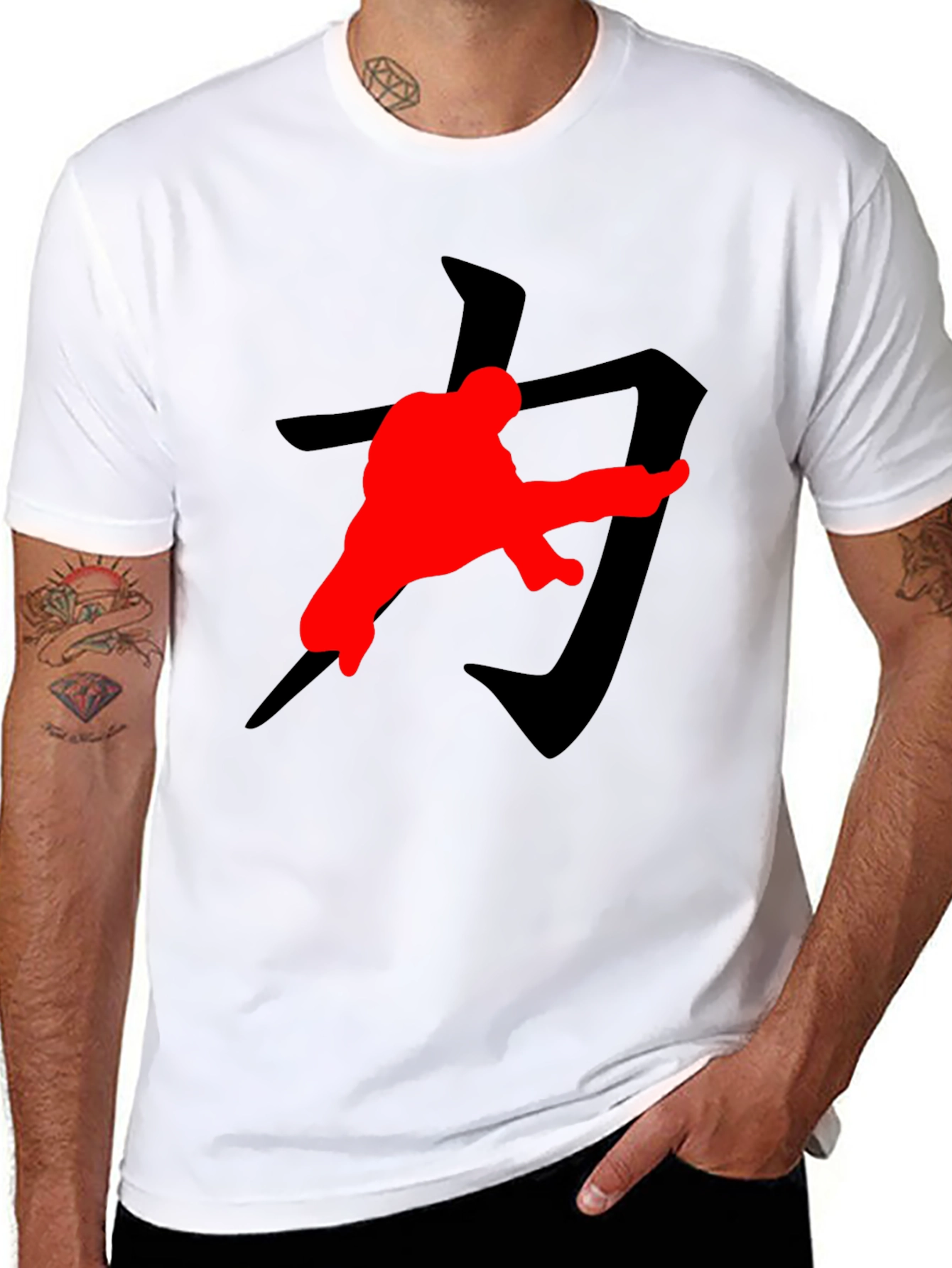 Karate Kick T-Shirt: Black with Red Graphic Print