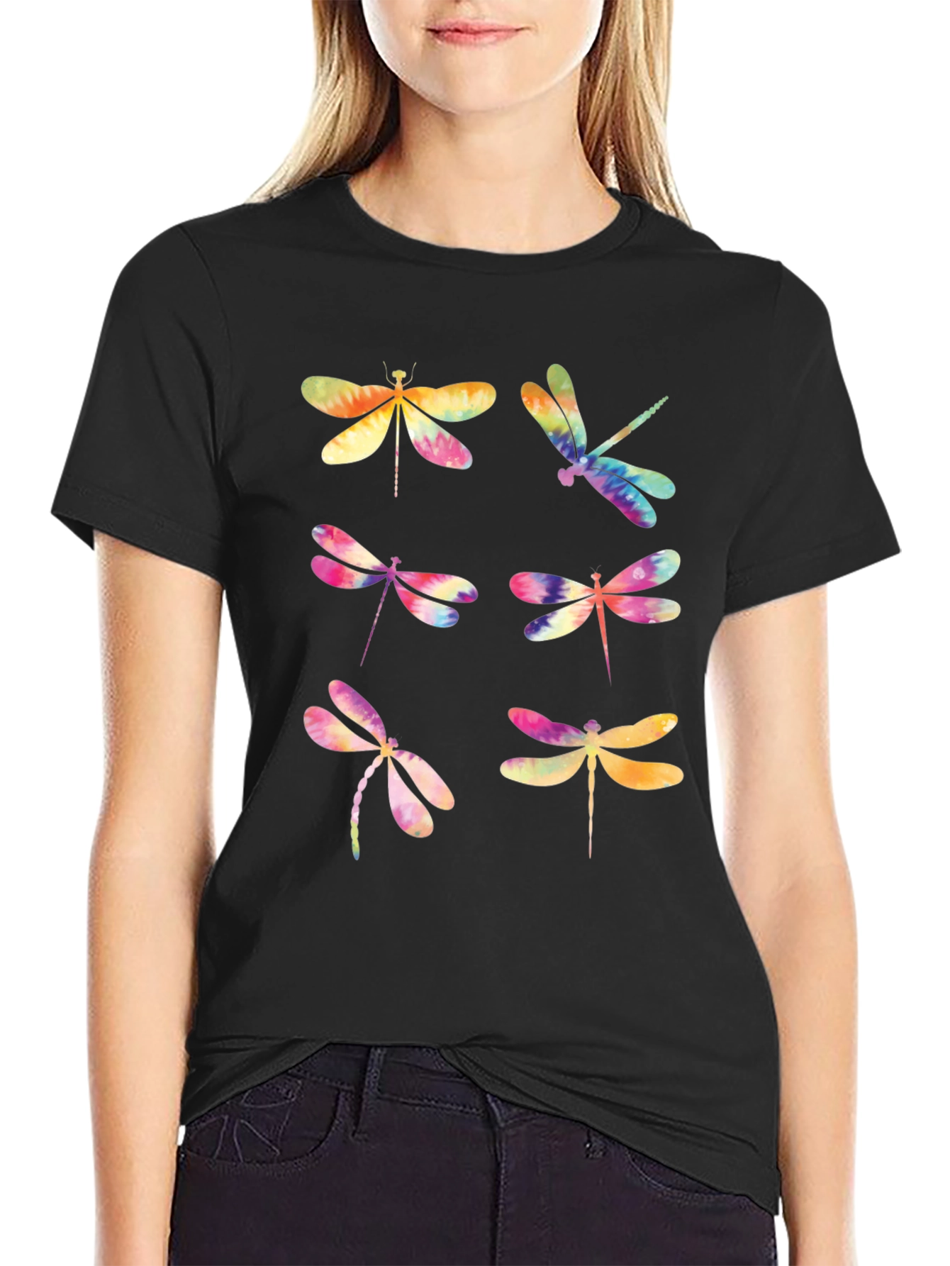 Dragonfly Tie Dye Graphic T-Shirt - Black