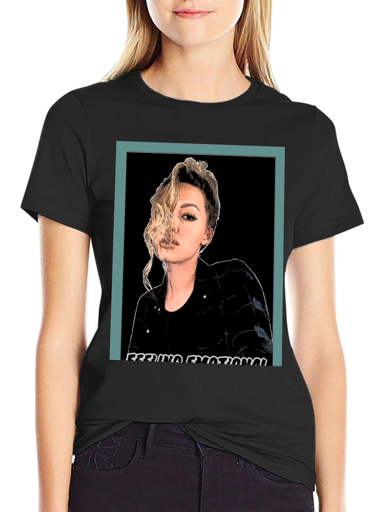 Emotional Woman Graphic Print Black T-Shirt