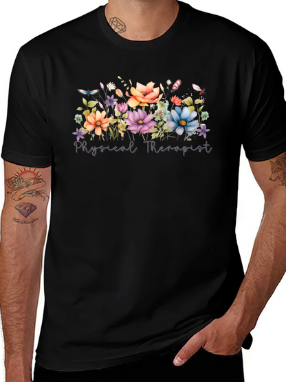 Floral Physical Therapist Black T-Shirt