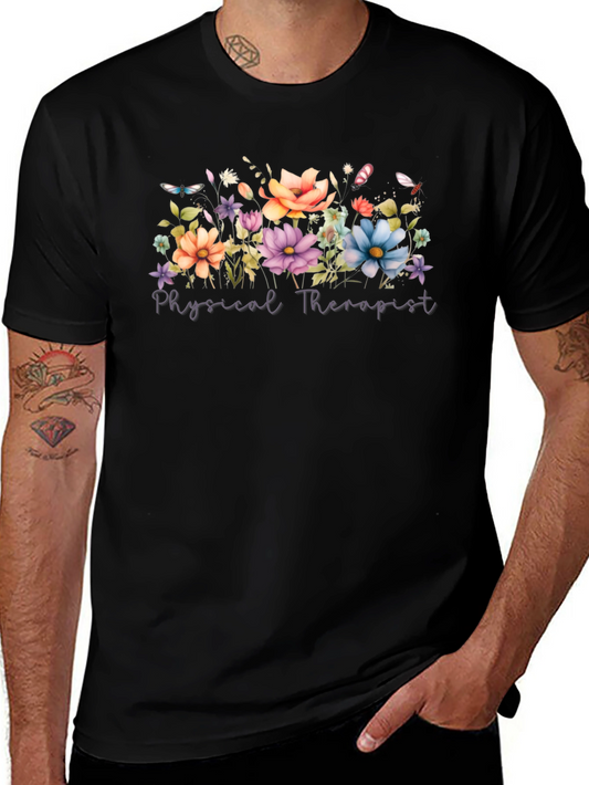 Floral Physical Therapist Black T-Shirt