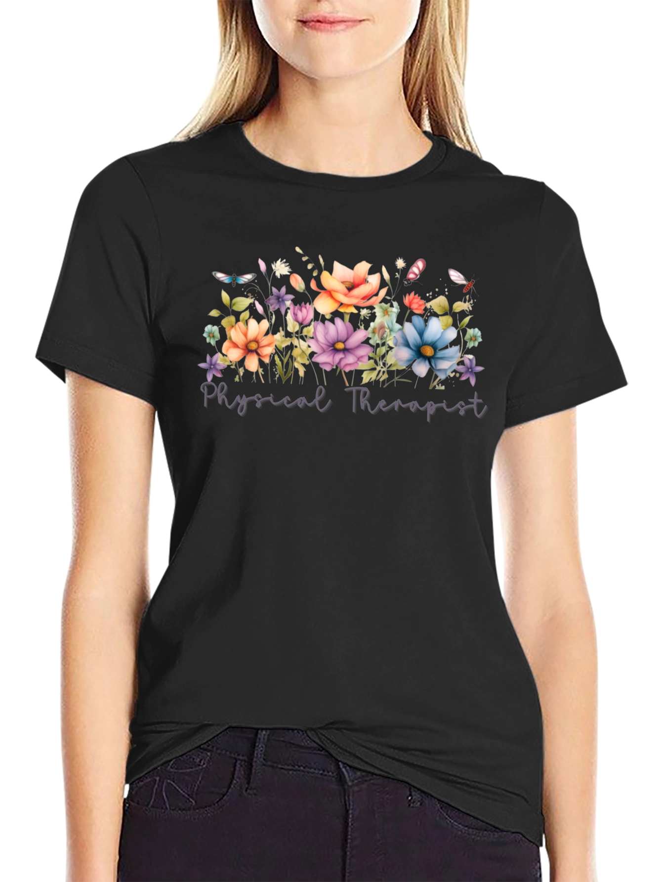 Floral Physical Therapist Black T-Shirt
