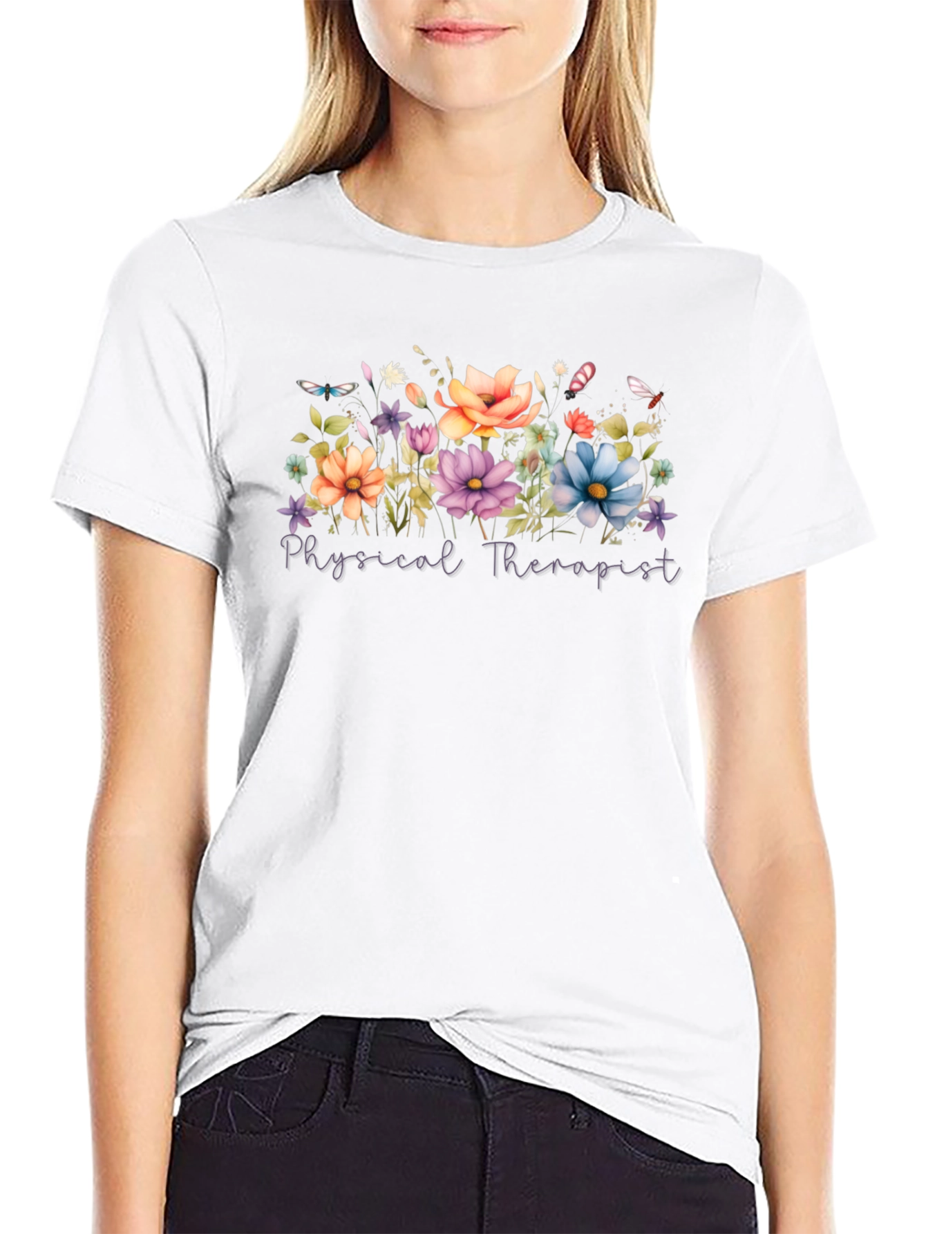 Floral Physical Therapist Black T-Shirt