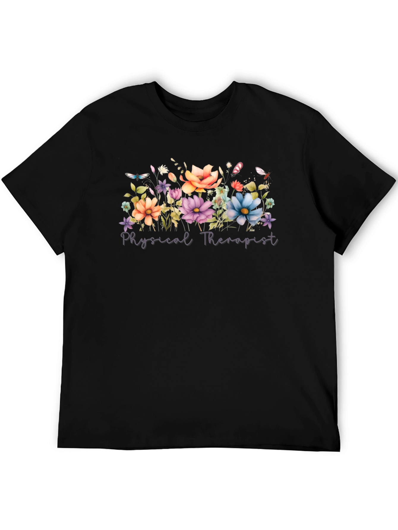 Floral Physical Therapist Black T-Shirt
