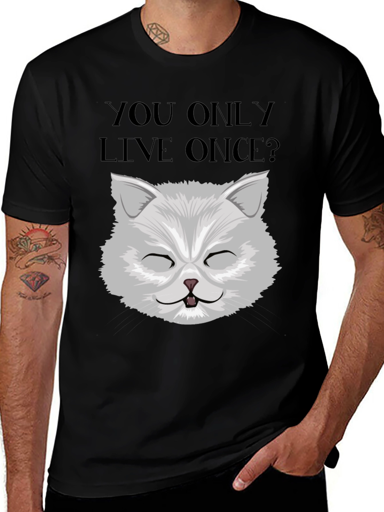 YOLO Cat Graphic Tee - Unisex Black Cotton T-Shirt