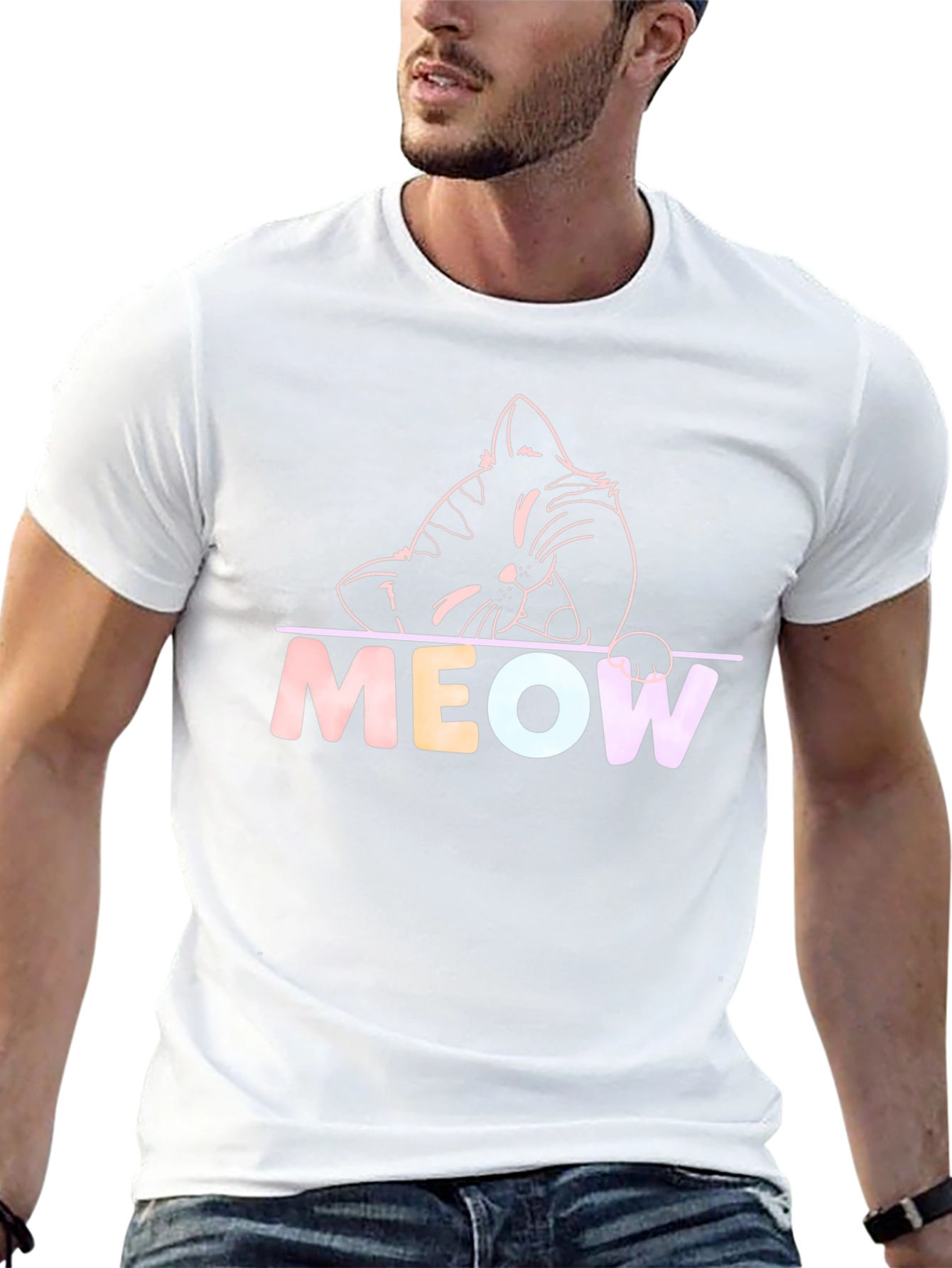 Meow Cat Graphic T-Shirt - Black Crew Neck Tee