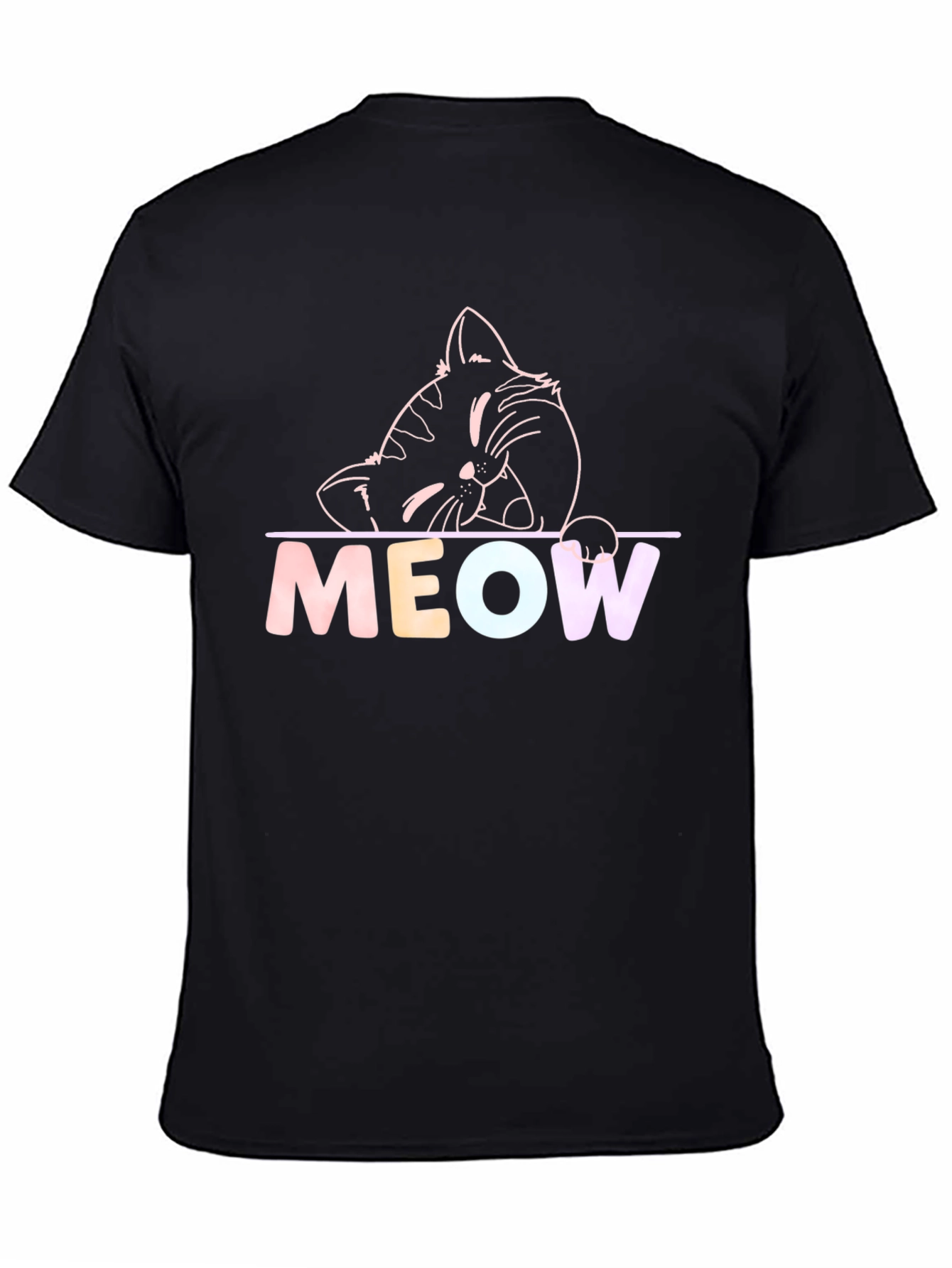 Meow Cat Graphic T-Shirt - Black Crew Neck Tee