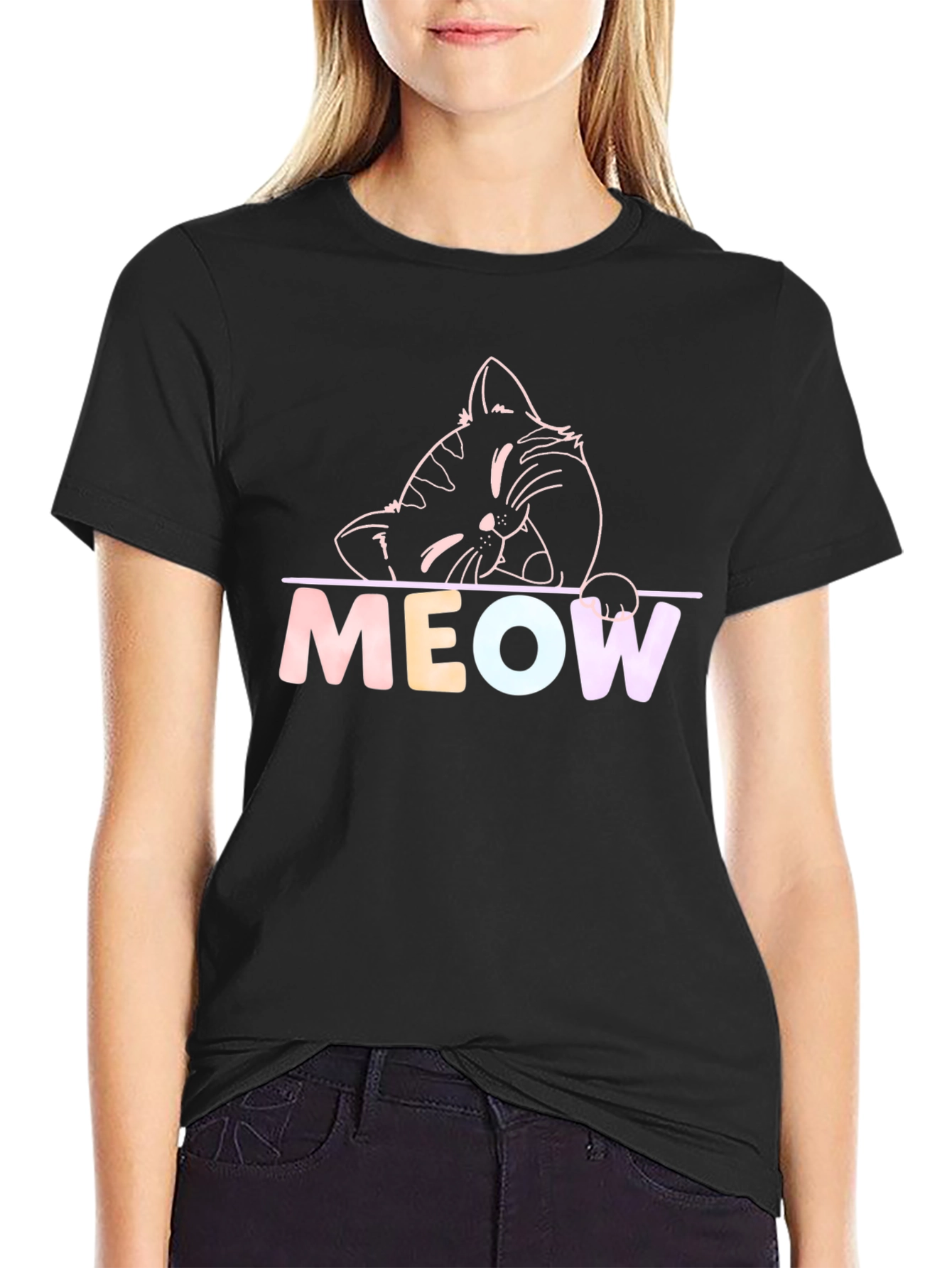Meow Cat Graphic T-Shirt - Black Crew Neck Tee