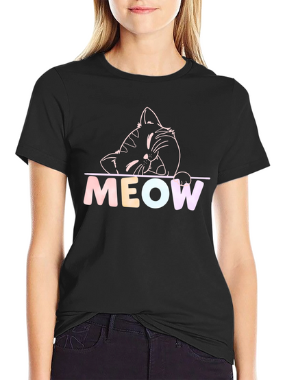 Meow Cat Graphic T-Shirt - Black Crew Neck Tee