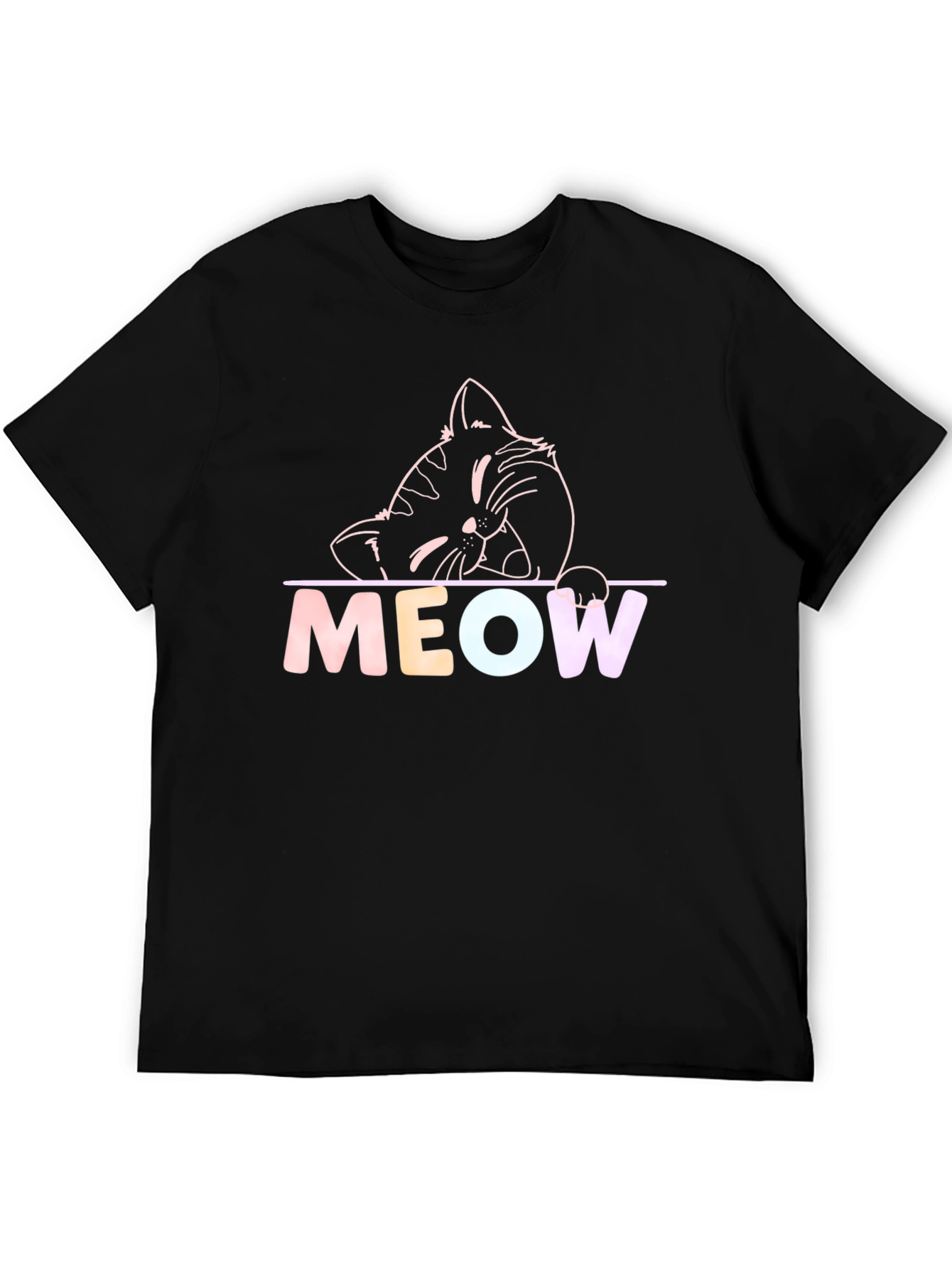 Meow Cat Graphic T-Shirt - Black Crew Neck Tee