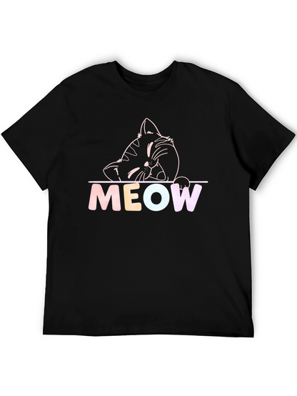 Meow Cat Graphic T-Shirt - Black Crew Neck Tee
