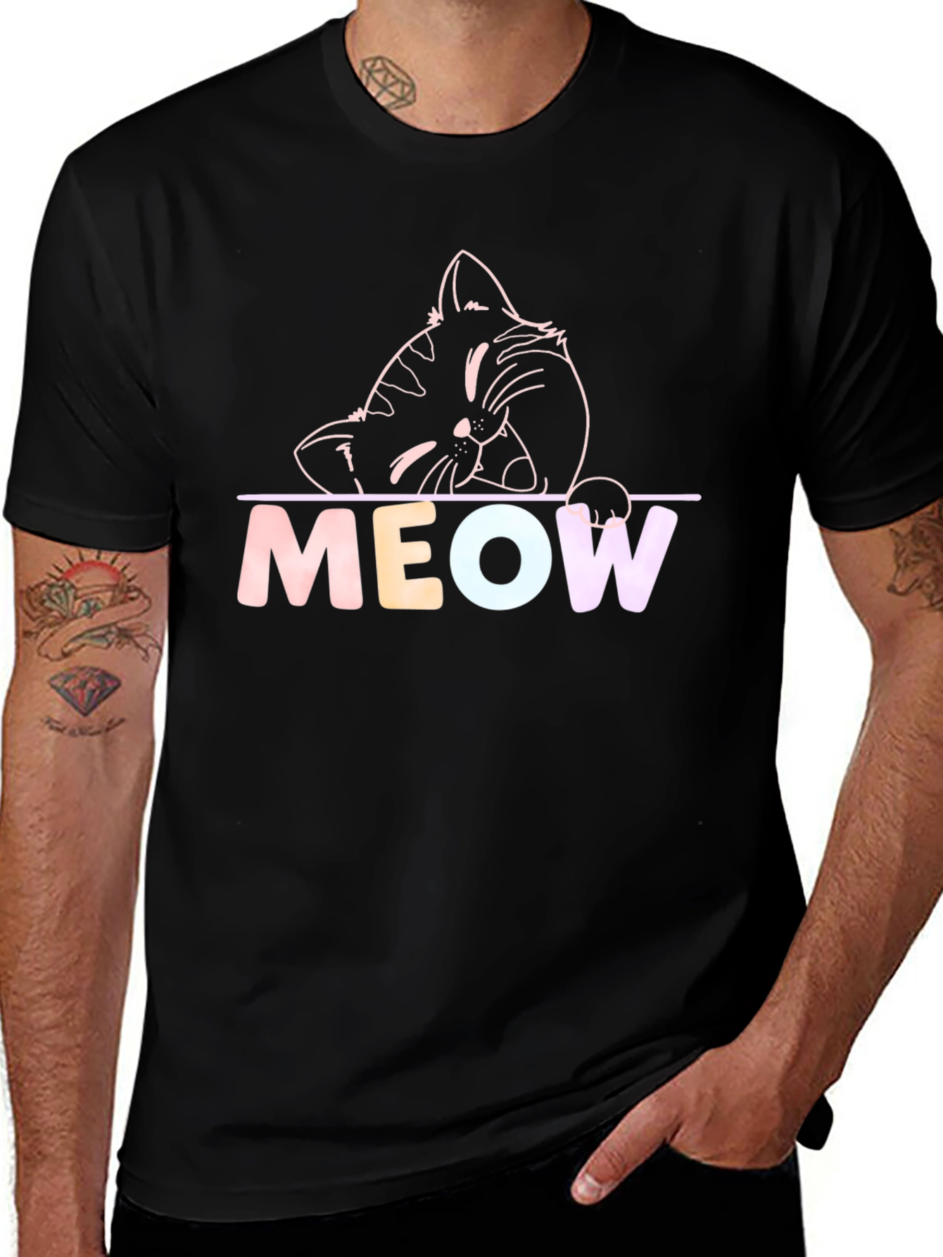 Meow Cat Graphic T-Shirt - Black Crew Neck Tee