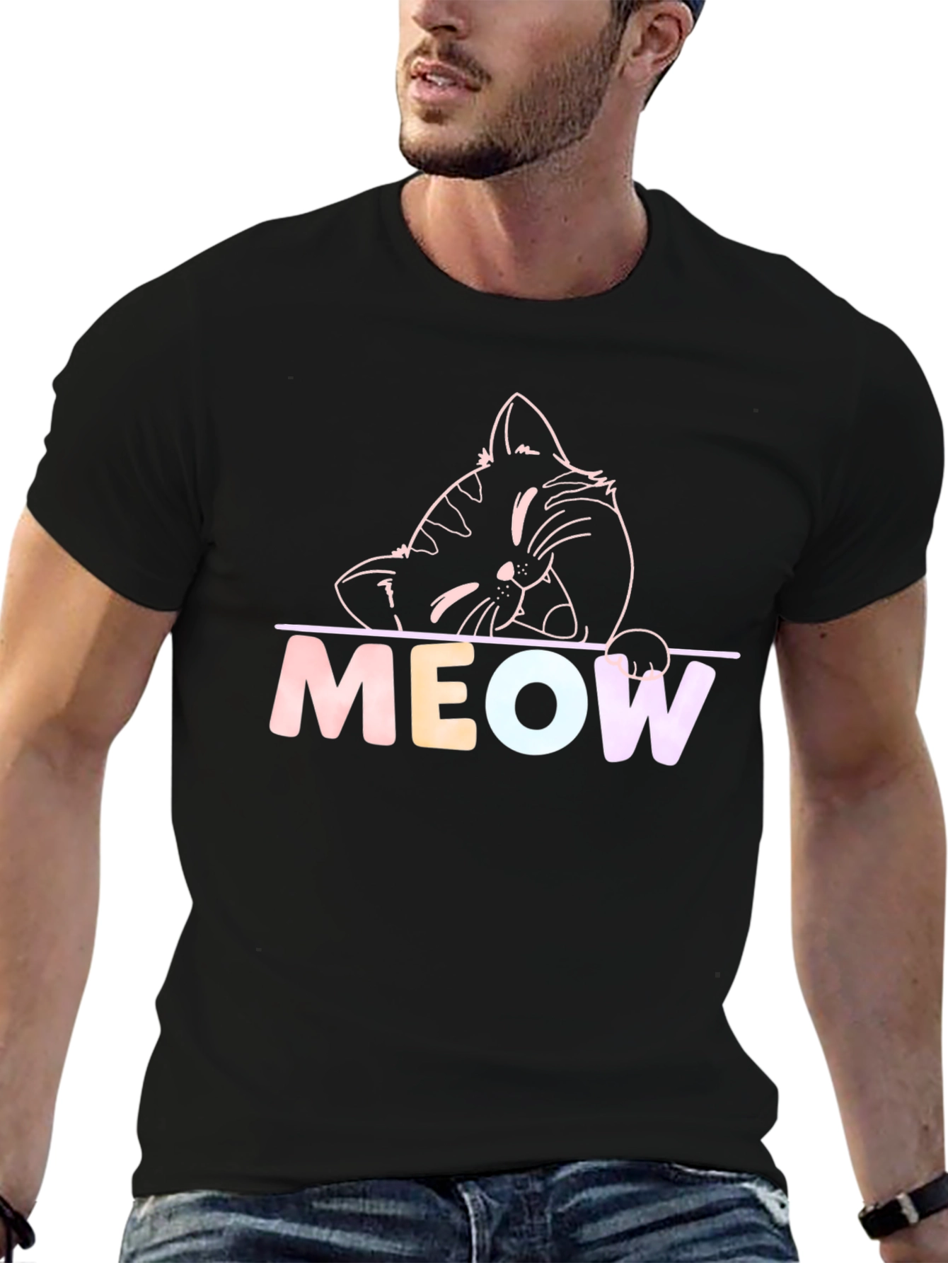 Meow Cat Graphic T-Shirt - Black Crew Neck Tee