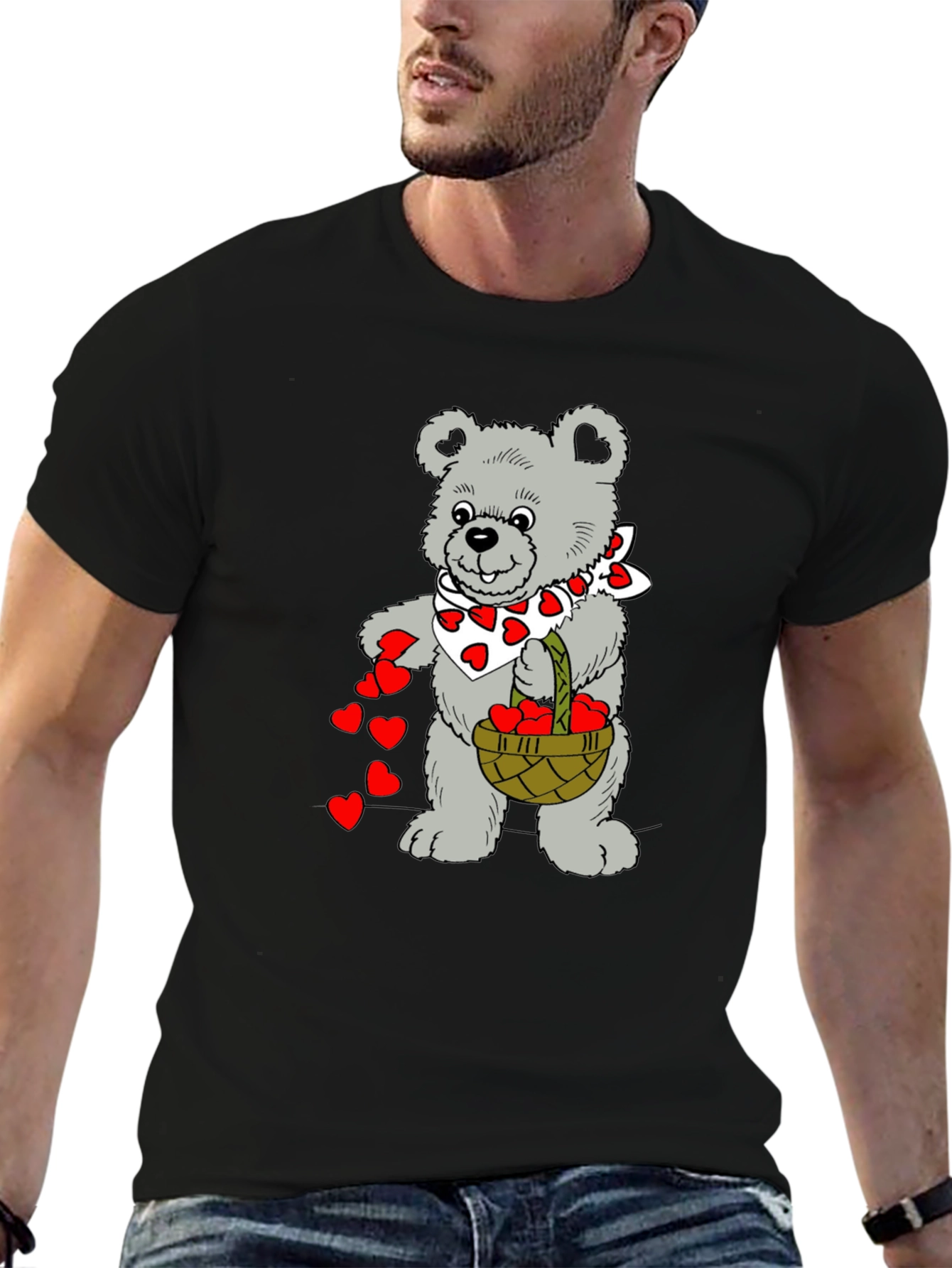 Teddy Bear Hearts Graphic T-Shirt - Black